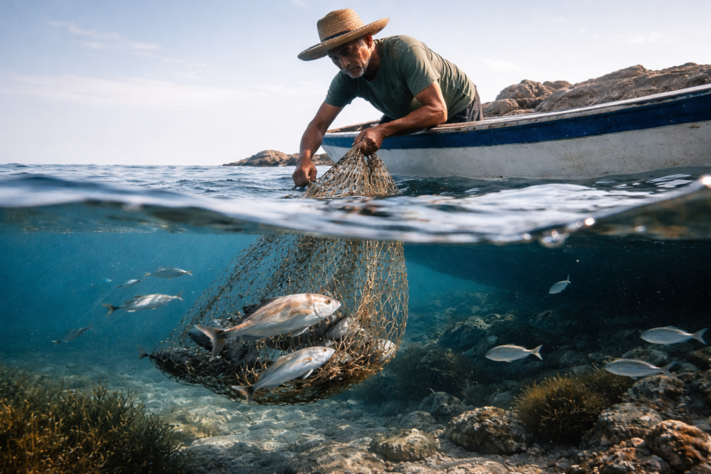 صياد تقليدي يمارس الصيد البحري المستدام في بيئة طبيعية هادئة