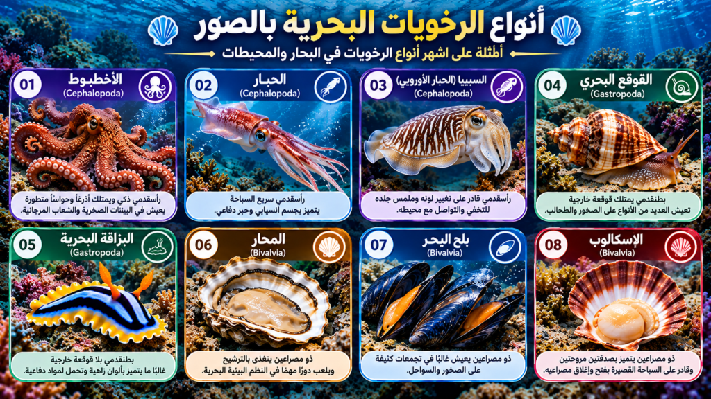 أنواع الرخويات البحرية بالصور: الأخطبوط والحبار والسيبيا والقواقع والمحار وبلح البحر والإسكالوب