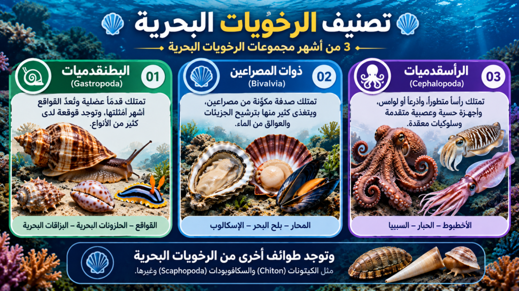 أنواع الرخويات البحرية وتصنيفها إلى البطنقدميات وذوات المصراعين والرأسقدميات