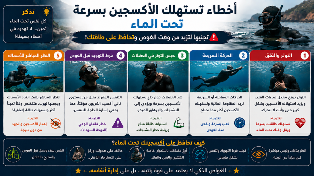 إنفوغرافيك عربي احترافي يوضح أخطاء شائعة تستهلك الأكسجين بسرعة أثناء الغوص الحر والصيد تحت الماء، مثل التوتر، الحركة السريعة، شد العضلات، فرط التهوية، والنظر المباشر للأسماك، مع نصائح عملية للحفاظ على الطاقة وزيادة مدة البقاء تحت الماء.