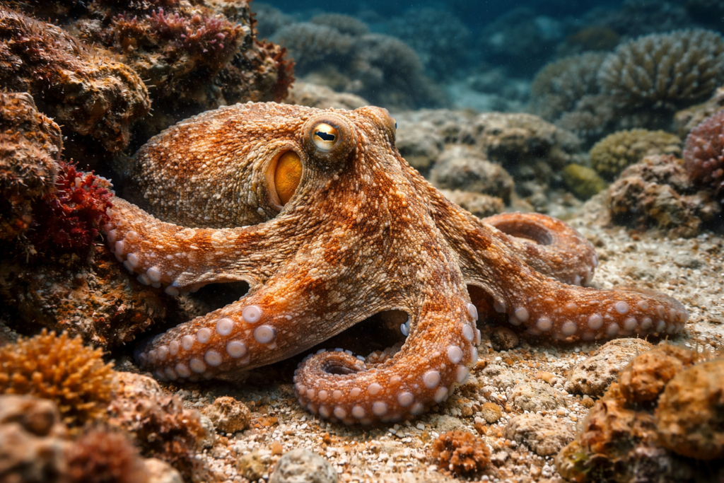 أخطبوط بحري يظهر قدرته على التمويه في قاع البحر الصخري.