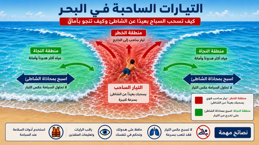 التيارات الساحبة في البحر وكيف تسحب السباح بعيدًا عن الشاطئ مع طريقة النجاة الصحيحة