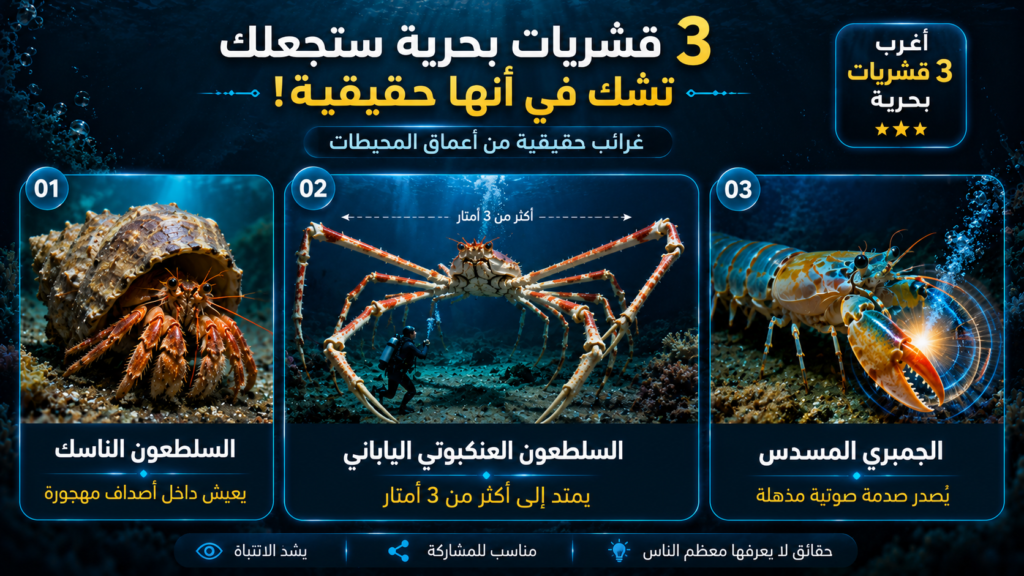 إنفوغرافيك بحري يعرض أغرب 3 قشريات بحرية في العالم، تشمل السلطعون الناسك والسلطعون العنكبوتي الياباني والجمبري المسدس، مع مقارنة بصرية توضح خصائصها الفريدة وقدراتها المدهشة في أعماق المحيطات.