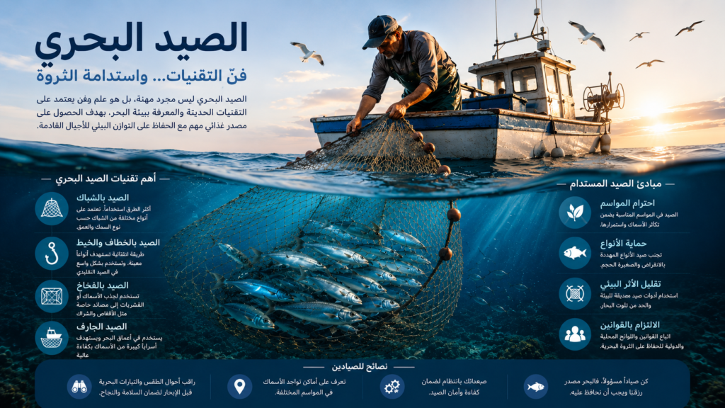 أنفوغرافيك احترافي عن صيد الأسماك البحرية وتقنياته يوضح الصيد بالشباك والخطاف ومبادئ الصيد المستدام داخل مشهد بحري سينمائي يجمع بين سطح البحر وأعماقه.