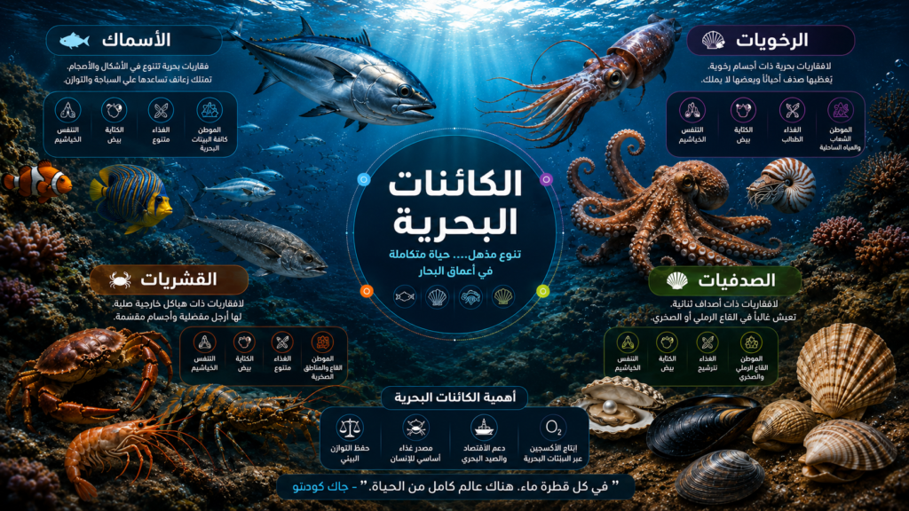 أنفوغرافيك سينمائي للكائنات البحرية يوضح الأسماك والرخويات والقشريات والصدفيات داخل مشهد بحري احترافي مليء بالشعاب المرجانية والحياة البحرية في أعماق المحيط