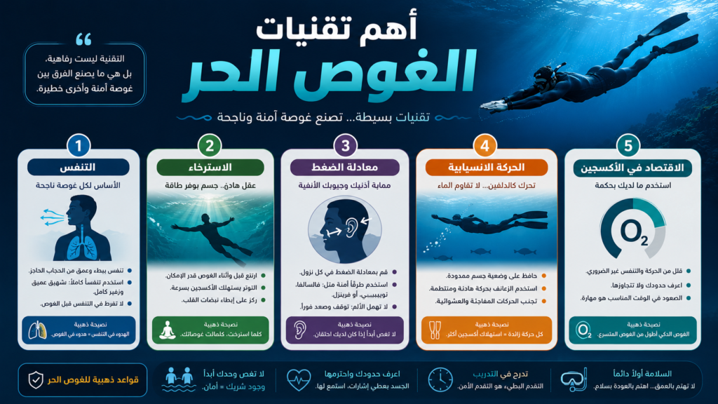 أنفوغرافيك عربي احترافي يشرح أهم تقنيات الغوص الحر مثل التنفس، الاسترخاء، معادلة الضغط، الحركة الانسيابية، والاقتصاد في الأكسجين داخل مشهد بحري سينمائي