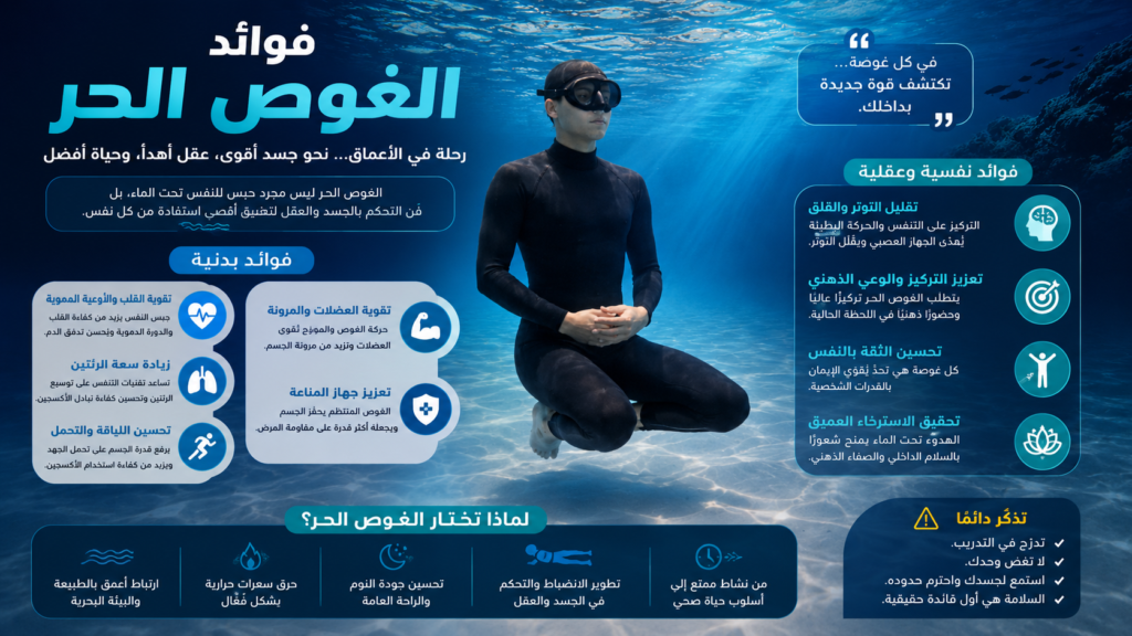 أنفوغرافيك عربي احترافي يوضح فوائد الغوص الحر الجسدية والنفسية، مع غواص يتأمل تحت الماء ومعلومات عن تحسين التنفس، التركيز، اللياقة، والاسترخاء