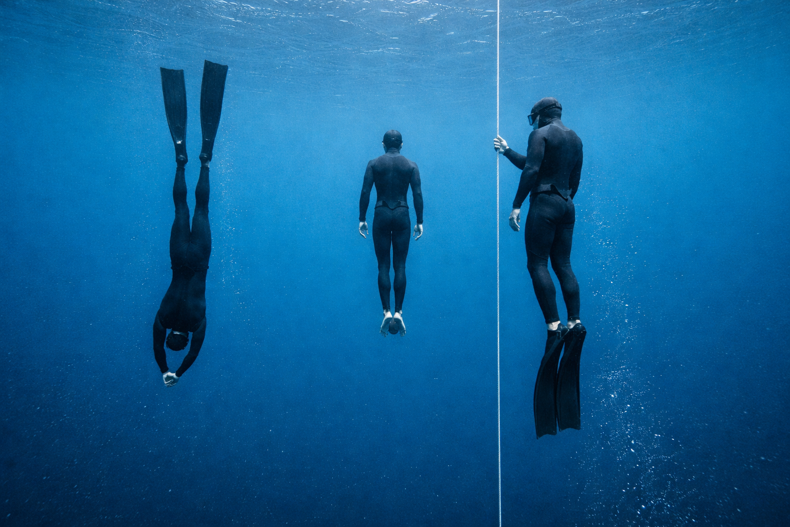 أنماط مختلفة من الغوص الحر العمودي في مشهد واقعي تحت الماء