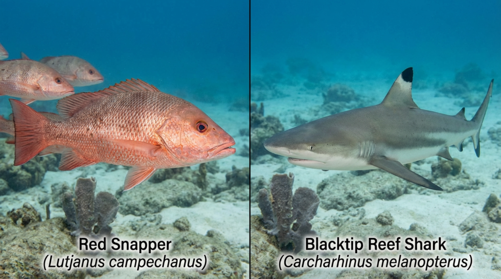 أنواع مختلفة من الأسماك البحرية تمثل التنوع التشريحي بين الأسماك العظمية والغضروفية