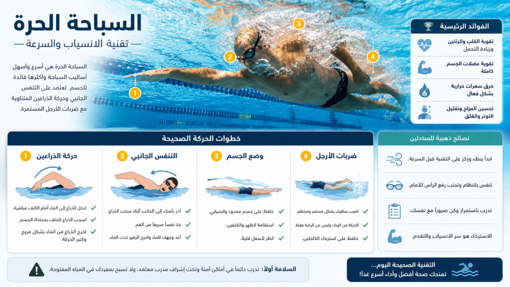 إنفوجرافيك تعليمي يشرح أساسيات السباحة الحرة وتقنيات الحركة والتنفس الصحيحة للمبتدئين داخل المسبح