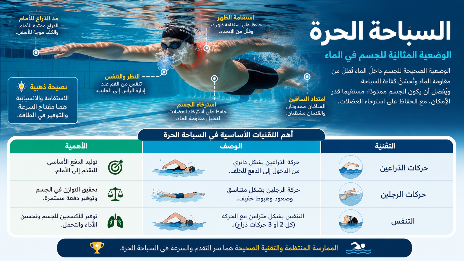 إنفوجرافيك يشرح الوضعية المثالية للجسم في السباحة الحرة وكيف تساعد تقنيات التنفس وحركة الذراعين والرجلين على تحسين الأداء داخل الماء