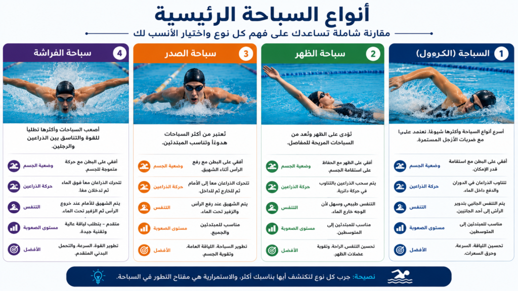 إنفوجرافيك يقارن بين أنواع السباحة الرئيسية: السباحة الحرة وسباحة الظهر والصدر والفراشة مع شرح الفروقات الأساسية بينها