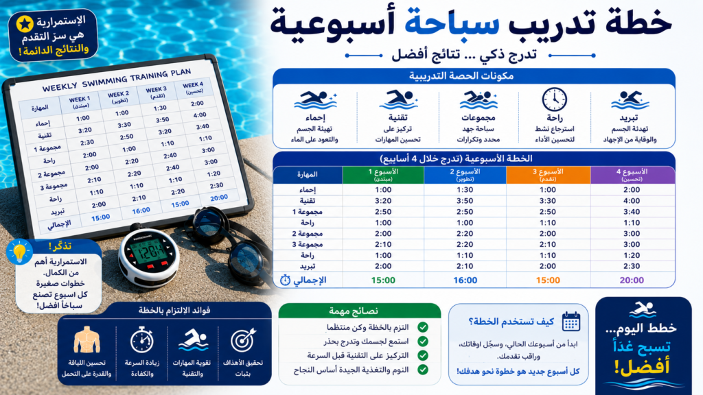 إنفوغرافيك عربي احترافي يشرح خطة تدريب سباحة أسبوعية للمبتدئين، مع جدول تدريجي لتحسين اللياقة والتقنية، ونصائح مهمة لتطوير الأداء وزيادة الثقة داخل الماء.