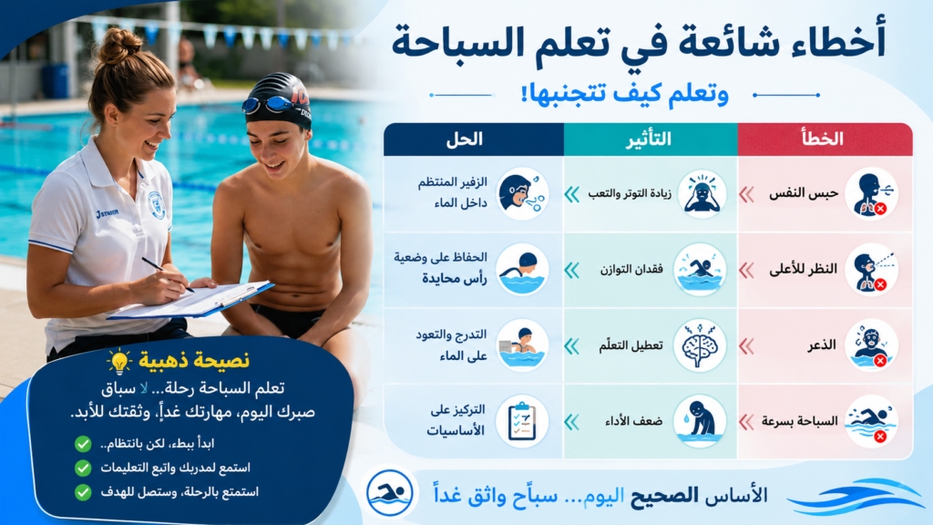 إنفوغرافيك عربي يشرح أشهر أخطاء تعلم السباحة للمبتدئين وكيفية تجنبها، مع توضيح تأثير حبس النفس والذعر والنظر للأعلى والسباحة بسرعة، إضافة إلى حلول عملية لتحسين الثقة والتوازن داخل الماء.