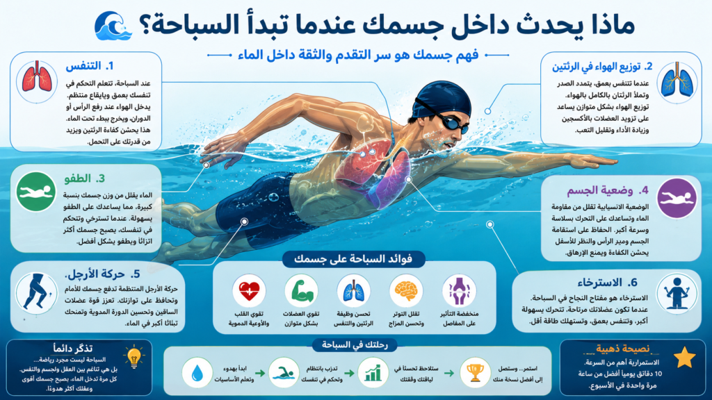 إنفوغرافيك عربي يشرح ماذا يحدث داخل جسم الإنسان عند بدء السباحة، مع توضيح التنفس والطفو وحركة الأرجل ووضعية الجسم وتوزيع الهواء داخل الرئتين بطريقة علمية مبسطة للمبتدئين.