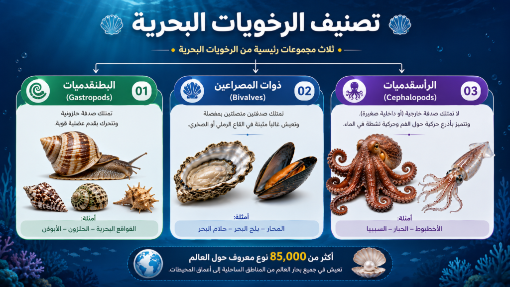 إنفوغرافيك يوضح التصنيف الرئيسي للرخويات البحرية، ويقارن بين البطنقدميات وذوات المصراعين والرأسقدميات مع أمثلة مثل الأخطبوط والحبار والمحار والقواقع البحرية.