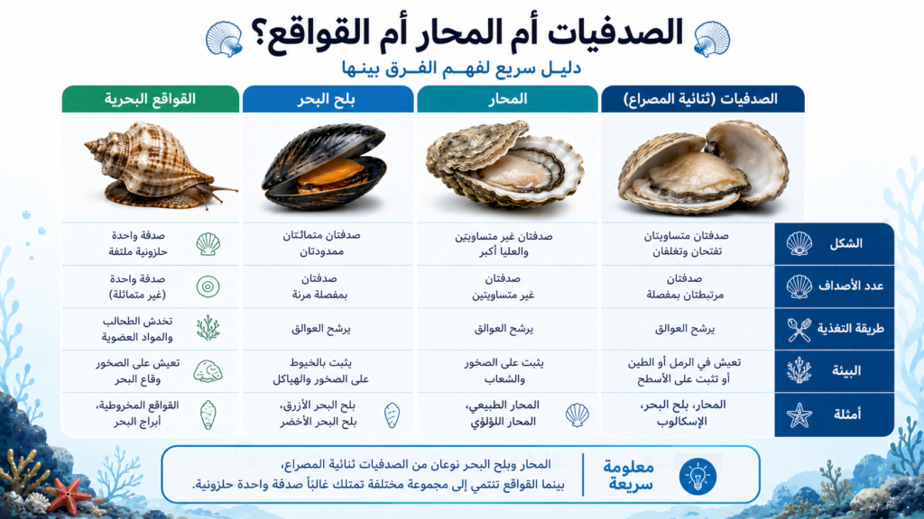 إنفوغرافيك يوضح الفرق بين الصدفيات والمحار وبلح البحر والقواقع البحرية من حيث الشكل وعدد الأصداف وطريقة التغذية والبيئة الطبيعية والأمثلة الشائعة.