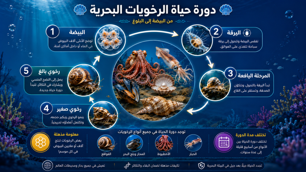 إنفوغرافيك يوضح دورة حياة الرخويات البحرية من البيضة إلى اليرقة ثم المرحلة اليافعة والبلوغ، مع أمثلة تشمل الأخطبوط والحبار والمحار والقواقع البحرية.