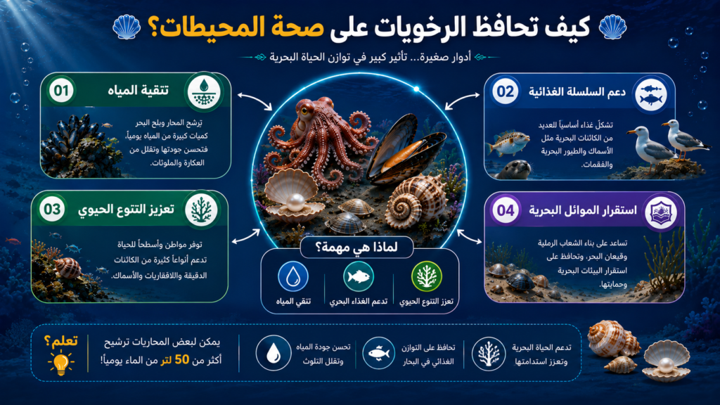 إنفوغرافيك يوضح كيف تساهم الرخويات البحرية في تنقية المياه ودعم السلسلة الغذائية البحرية وتعزيز التنوع الحيوي والحفاظ على استقرار النظم البيئية في المحيطات.