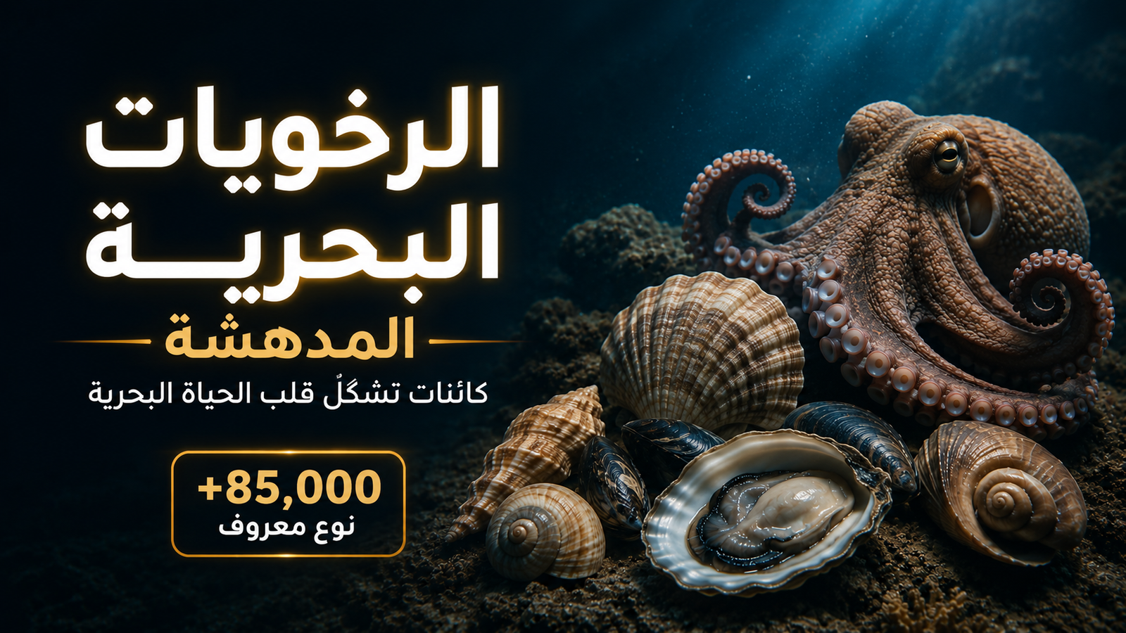 الرخويات البحرية المدهشة في أعماق البحر، مع أخطبوط ومحار وقواقع بحرية تبرز تنوع أكثر من 85 ألف نوع ودورها الحيوي في الحياة البحرية.