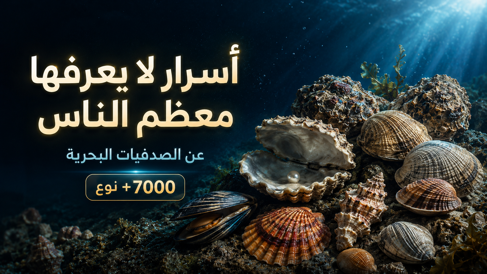 الصدفيات البحرية المتنوعة في أعماق البحر، تضم محارًا وبلح بحر وأصدافًا ملونة حول محارة مفتوحة تحتوي على لؤلؤة، في مشهد بحري سينمائي يبرز تنوع هذه الكائنات وأهميتها البيئية.