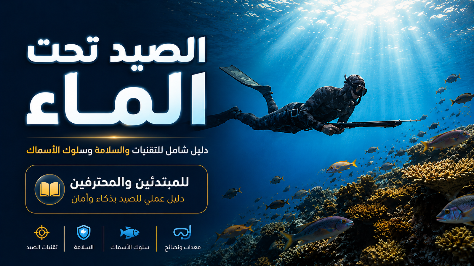 الصيد تحت الماء بالغوص الحر غواص محترف يقترب بهدوء من الأسماك فوق شعاب مرجانية ملونة في دليل شامل للتقنيات والسلامة وفهم سلوك الأسماك.