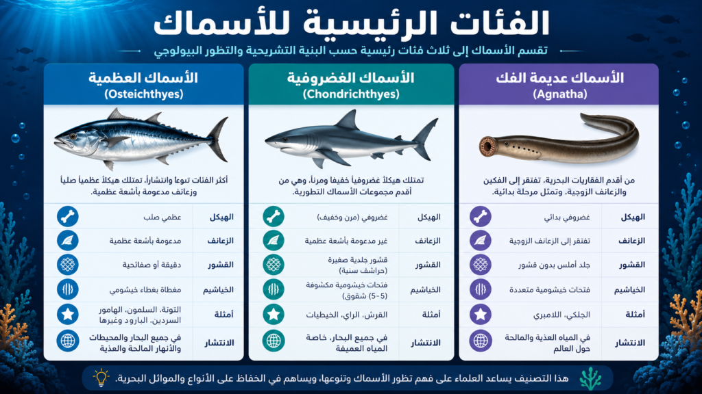 أنفوغرافيك عربي احترافي يشرح الفئات الرئيسية للأسماك البحرية مع مقارنة بين الأسماك العظمية والغضروفية وعديمة الفك داخل تصميم بحري تعليمي بأسلوب سينمائي جذاب.