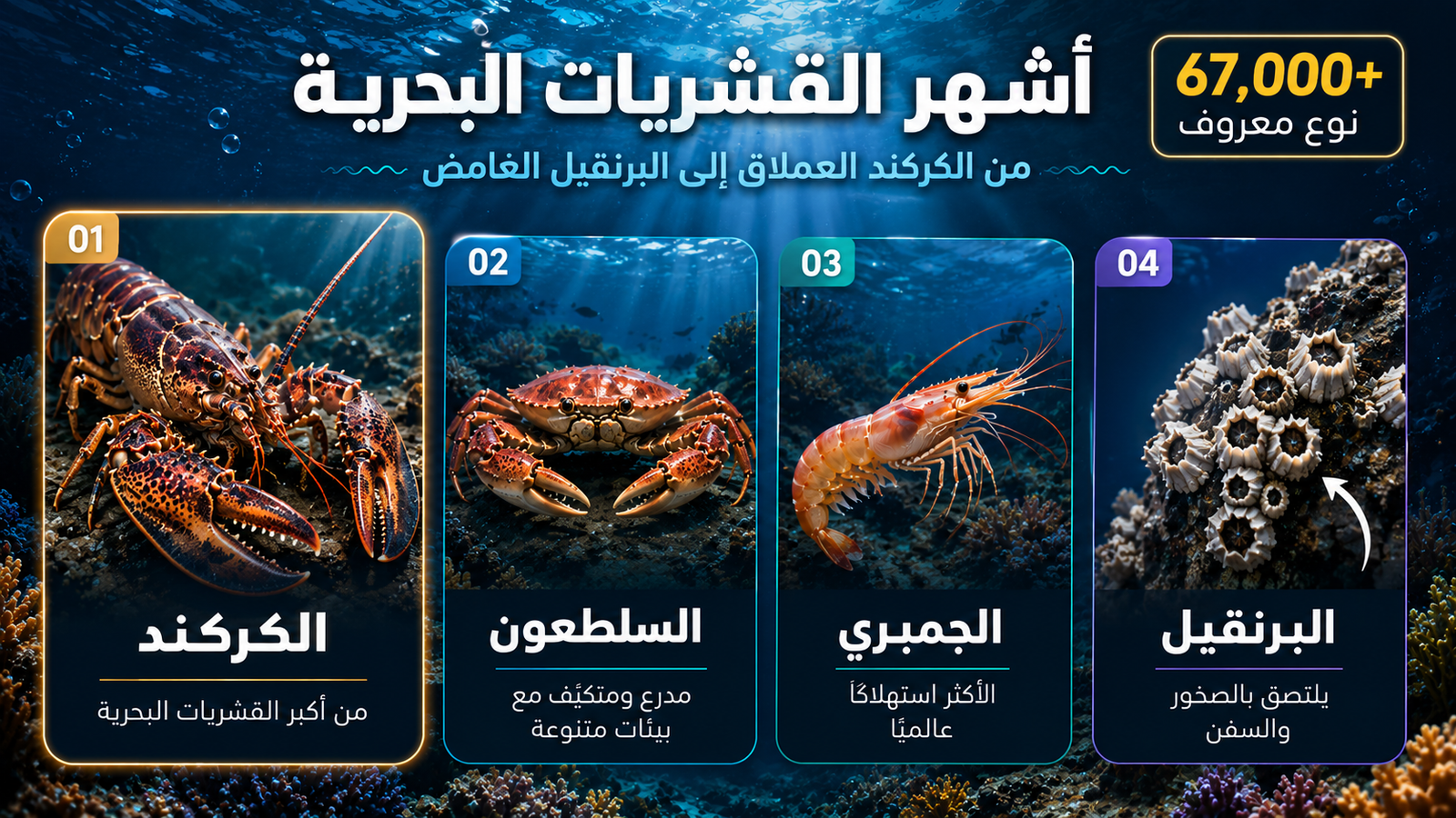 إنفوغرافيك بحري يوضح أشهر القشريات البحرية في العالم، ويعرض الكركند والسلطعون والجمبري والبرنقيل داخل بطاقات تعريفية مقارنة، مع إبراز تنوع أكثر من 67 ألف نوع من القشريات البحرية في المحيطات والبحار.