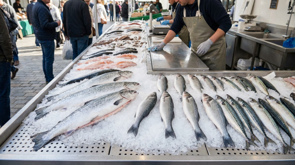 بائع يعرض بطريقة صحيحة الأسماك الطازجة على الثلج في السوق