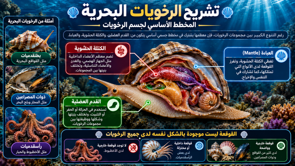 تشريح الرخويات البحرية والقدم العضلية والكتلة الحشوية والعباءة والقوقعة