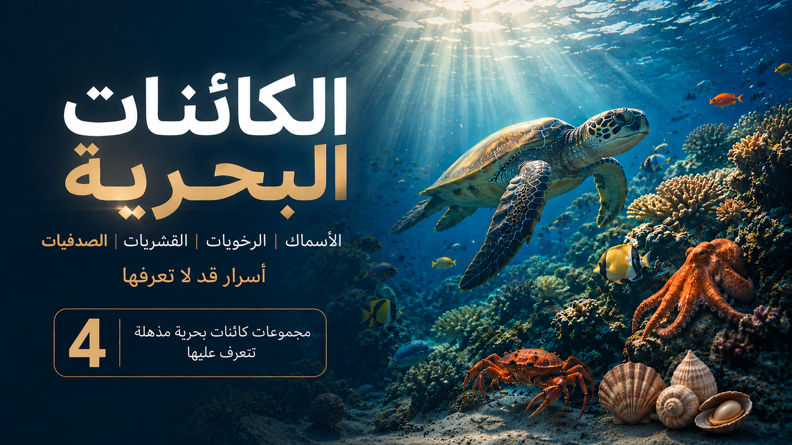 مشهد سينمائي مذهل للشعاب المرجانية يضم سلحفاة بحرية وأخطبوطًا وأسماكًا استوائية ملونة داخل تصميم احترافي يبرز تنوع الكائنات البحرية وأسرار الحياة تحت الماء.