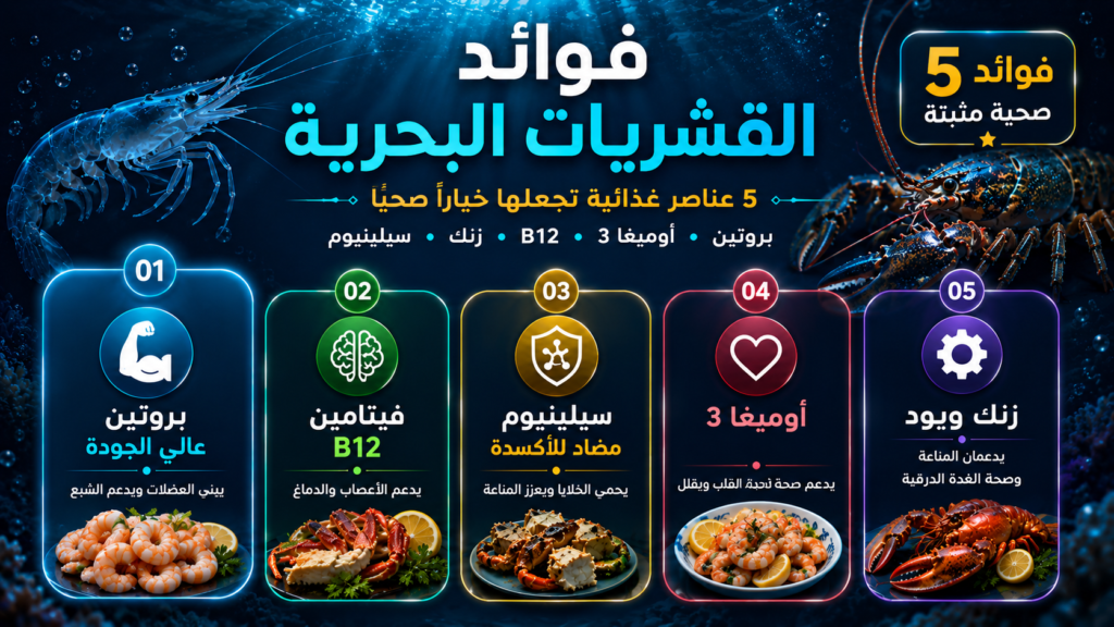 إنفوغرافيك يوضح فوائد القشريات البحرية الصحية، بما في ذلك البروتين عالي الجودة، وفيتامين B12، وأحماض أوميغا 3، والسيلينيوم، والزنك واليود، مع تصميم بحري يبرز القيمة الغذائية للجمبري والكركند.