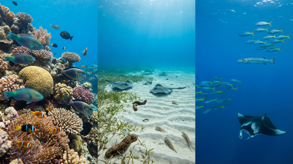 تنوع الأسماك البحرية في بيئات مختلفة من الشعاب المرجانية إلى المياه المفتوحة