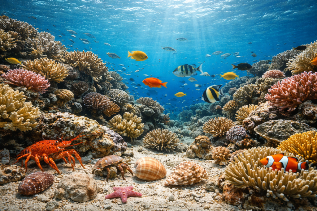 تنوع بيولوجي غني للكائنات البحرية في بيئة بحرية طبيعية.