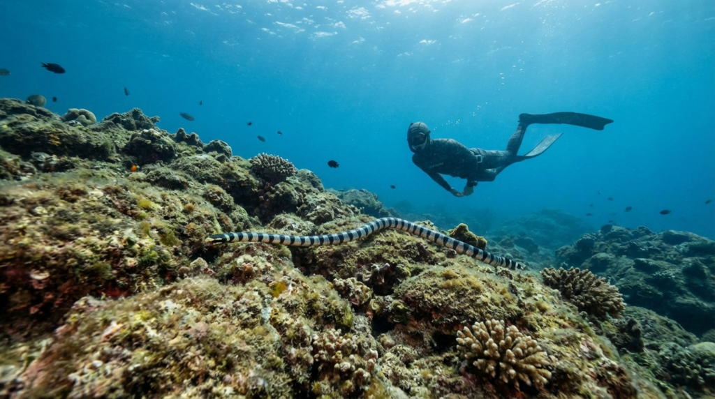 ثعبان بحر سام يسبح قرب غواص يحافظ على مسافة آمنة