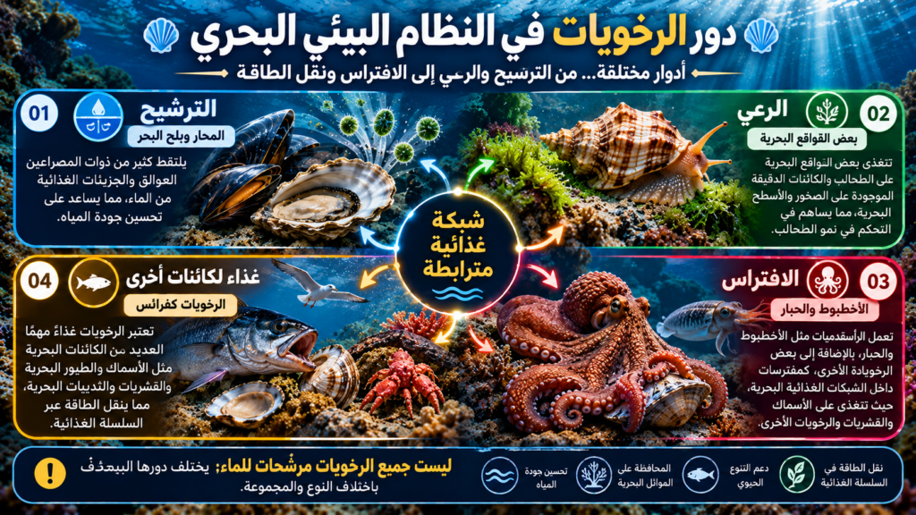 دور الرخويات البحرية في النظام البيئي من الترشيح والرعي إلى الافتراس والسلسلة الغذائية