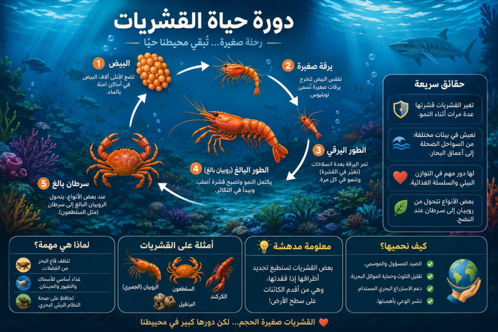 إنفوجرافيك عربي يوضح دورة حياة القشريات البحرية من البيض إلى الطور البالغ، مع شرح مراحل النمو والانسلاخ وأهمية القشريات في التوازن البيئي البحري.