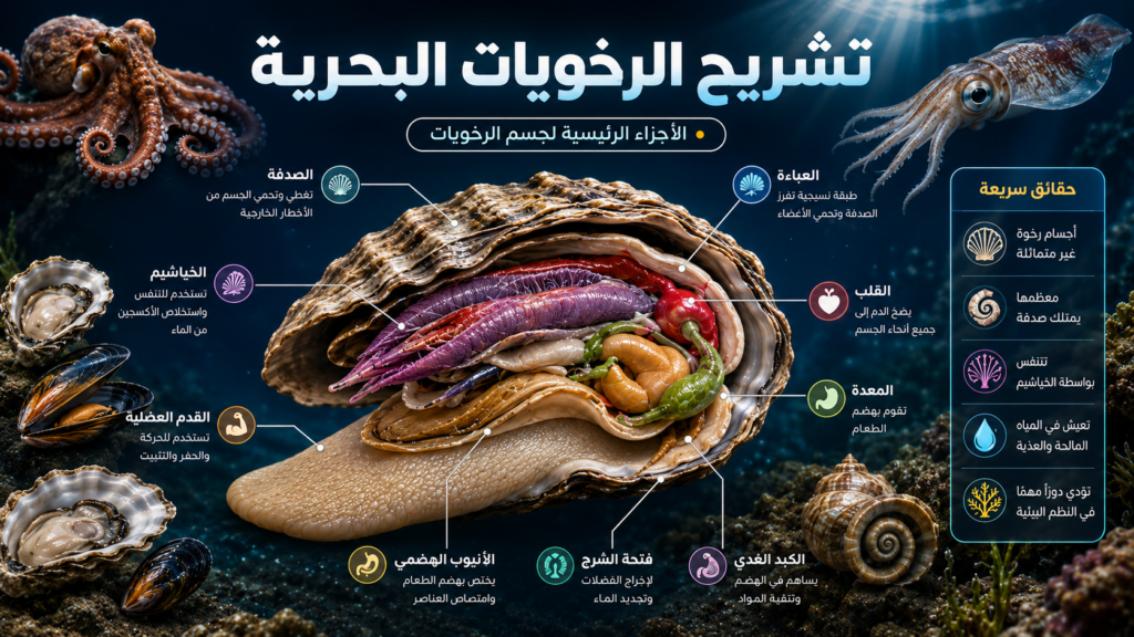 رسم تشريحي للرّخويات البحرية يوضح الأجزاء الرئيسية للجسم مثل الصدفة والعباءة والخياشيم والجهاز الهضمي في بيئة بحرية تعليمية.