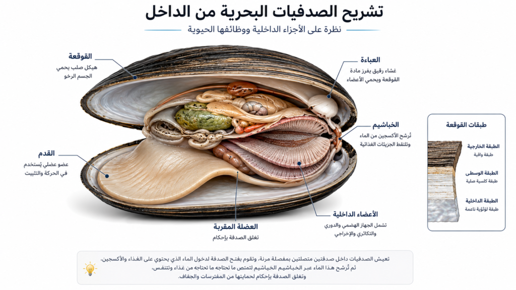 رسم تشريحي للصدفيات البحرية يوضح القوقعة والخياشيم والعباءة والقدم والعضلة المقربة والأعضاء الداخلية، مع شرح مبسط لوظائف كل جزء داخل الكائن.