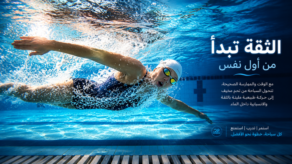 سباحة حرة احترافية داخل المسبح مع تصميم سينمائي يلهم الثقة والتحكم في التنفس والانسيابية أثناء السباحة