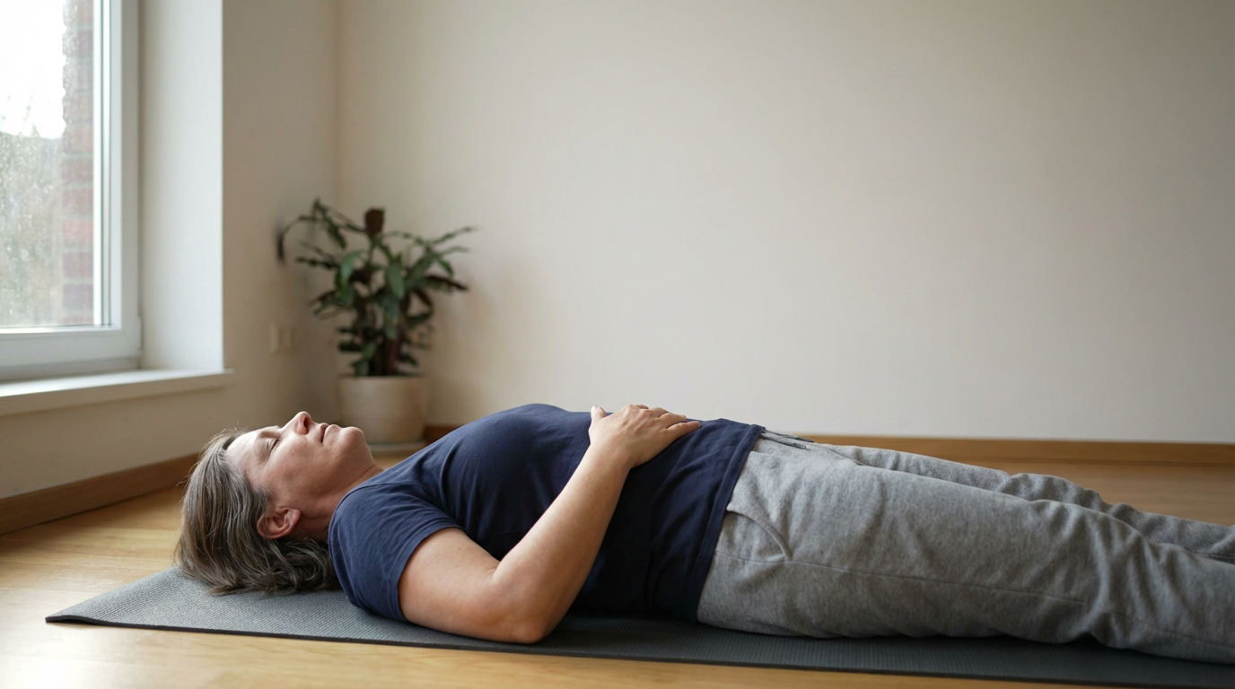 شخص يمارس الأبنيا الساكنة على اليابسة مع تنفس هادئ واسترخاء كامل