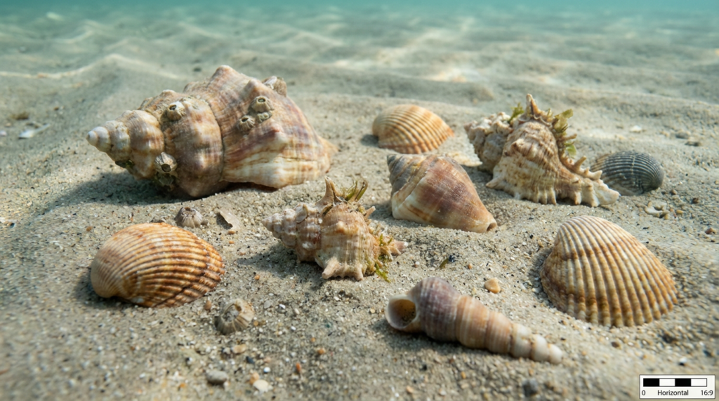 صدفيات بحرية متنوعة بأشكال طبيعية على قاع رملي تحت الماء.