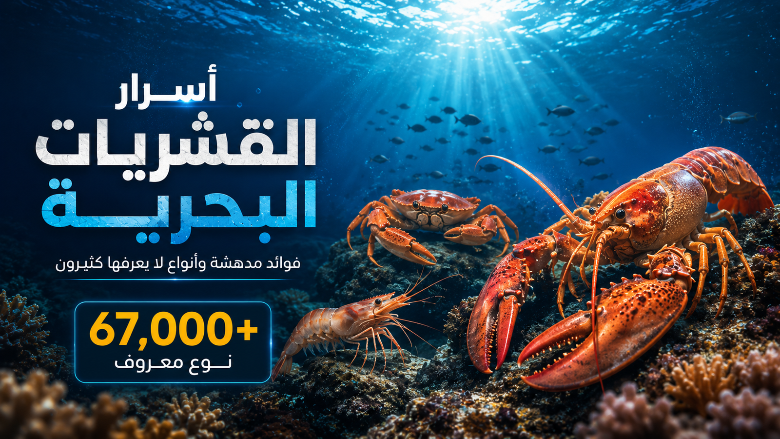 مشهد سينمائي تحت الماء يُظهر كركندًا كبيرًا وسلطعونًا وجمبريًا بين الشعاب المرجانية، مع أشعة ضوء تخترق الأعماق، في صورة تبرز أسرار القشريات البحرية وتنوعها المذهل في عالم المحيطات.