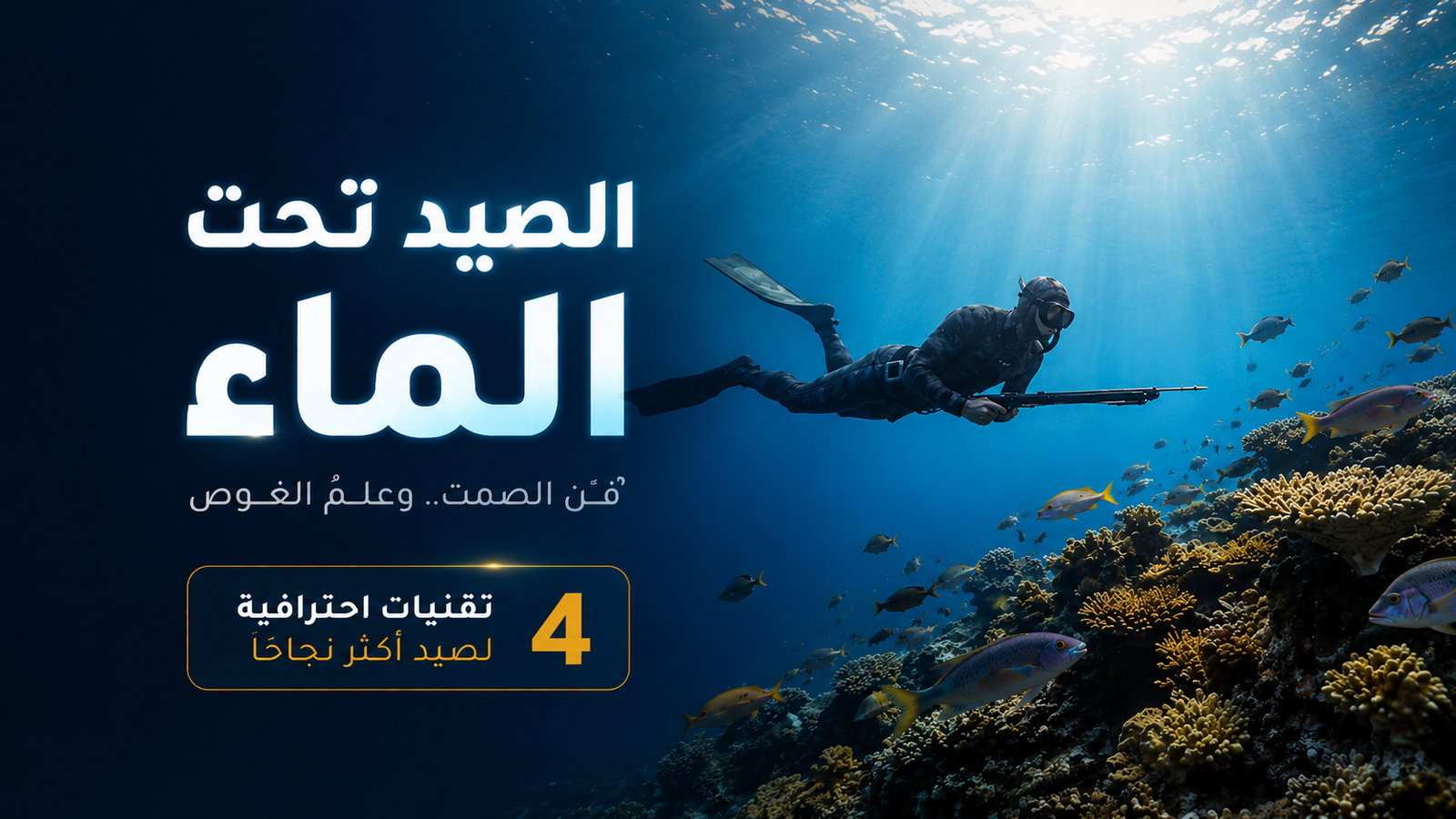 صورة سينمائية احترافية لغواص حر يحمل بندقية صيد تحت الماء قرب شعاب مرجانية وأسماك ملونة، مع تصميم عربي أنيق بعنوان “الصيد تحت الماء” وإضاءة بحرية درامية مناسبة لمقال احترافي عن تقنيات الصيد بالغوص الحر.