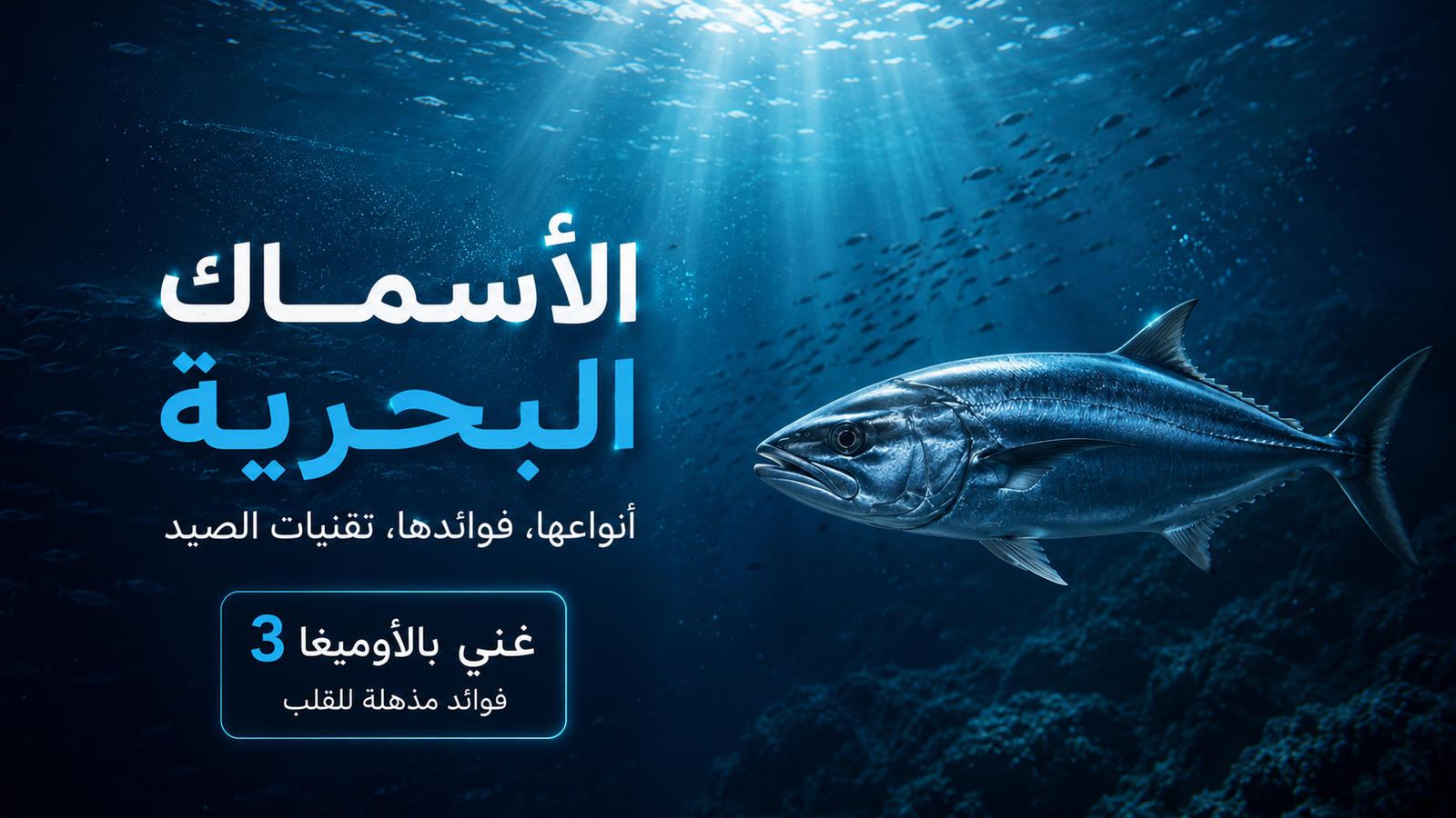 صورة سينمائية لأسماك بحرية في أعماق المحيط مع إضاءة زرقاء درامية تشرح أنواع الأسماك البحرية وفوائد الأوميغا 3 وتقنيات الصيد بأسلوب احترافي مناسب لمقالات الكائنات البحرية.