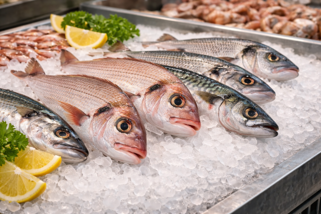 طريقة عرض صحيحة للأسماك الطازجة على الثلج في السوق
