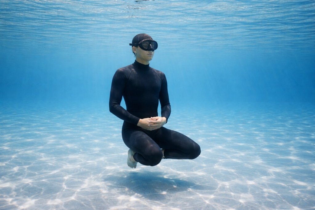 غواص حر في حالة هدوء وتركيز ذهني تحت الماء