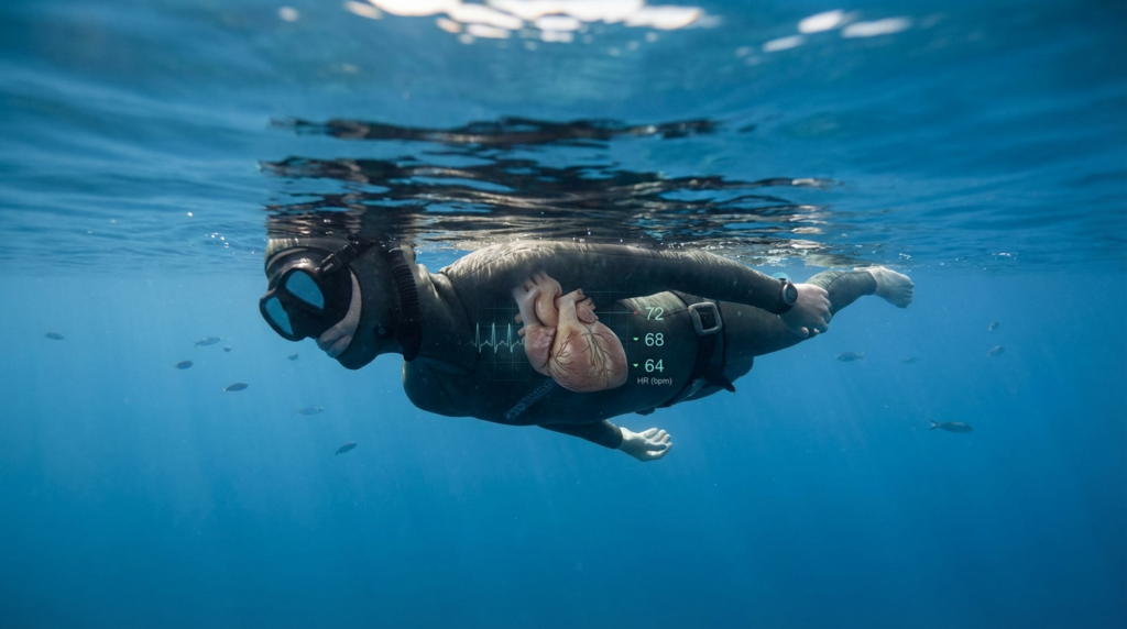 غواص حر هادئ مع توضيح واقعي لتباطؤ ضربات القلب أثناء حبس النفس