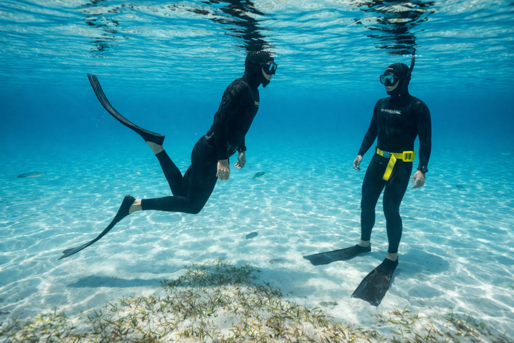 غواص حر يتمرن تحت إشراف في ماء ضحل