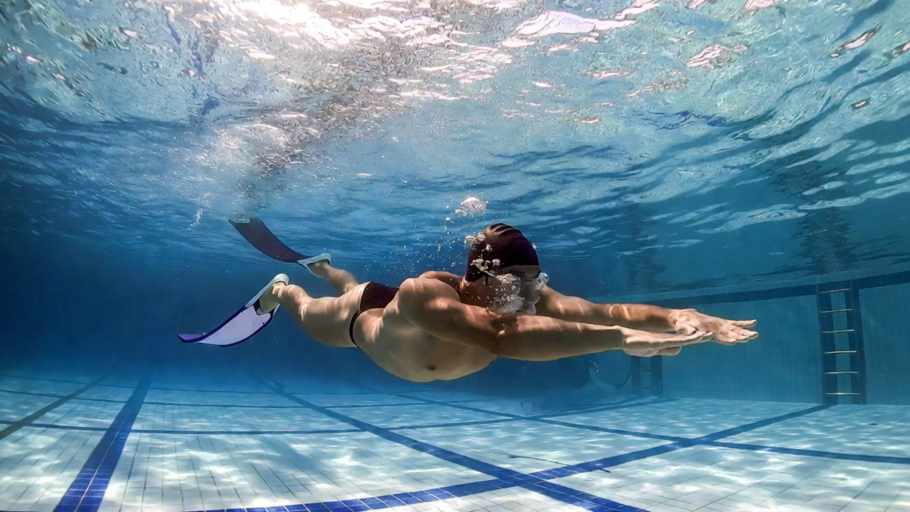 غواص حر يسبح أفقياً في المسبح أثناء تمرين الأبنيا الديناميكية